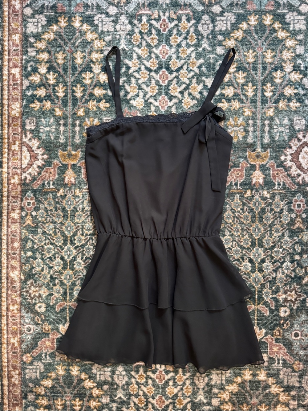 Motel Rocks Black Tiered Mini Dress with Bow and Lace Detail